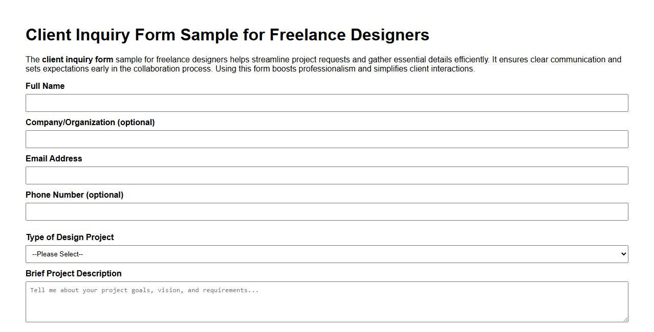 Client inquiry form sample for freelance designers image preview