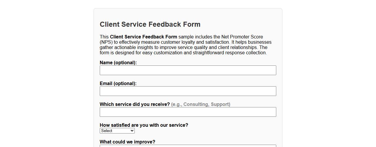 Client service feedback form sample including Net Promoter Score image preview
