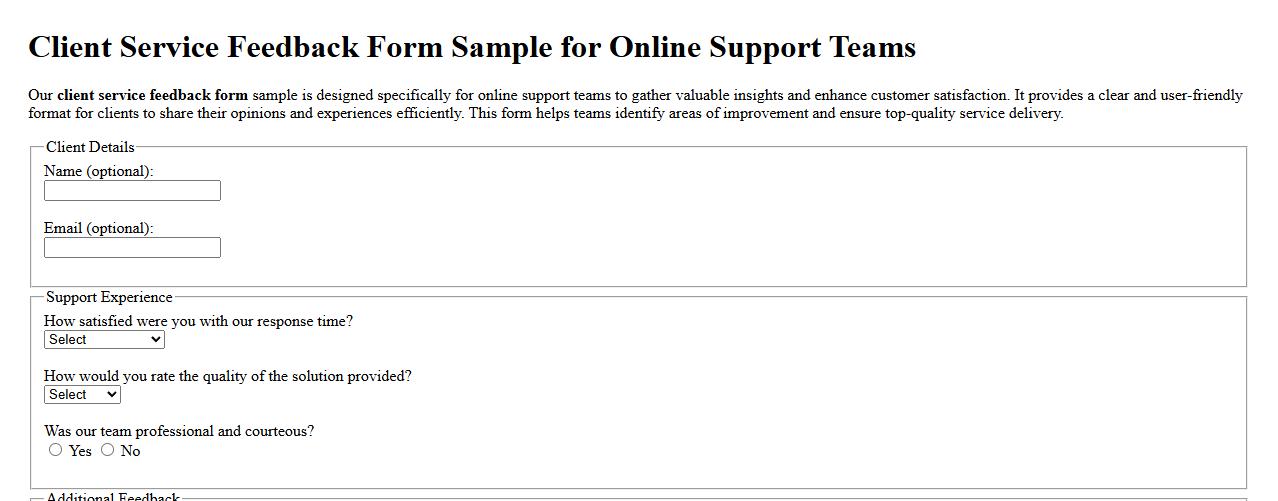 Client service feedback form sample for online support teams image preview
