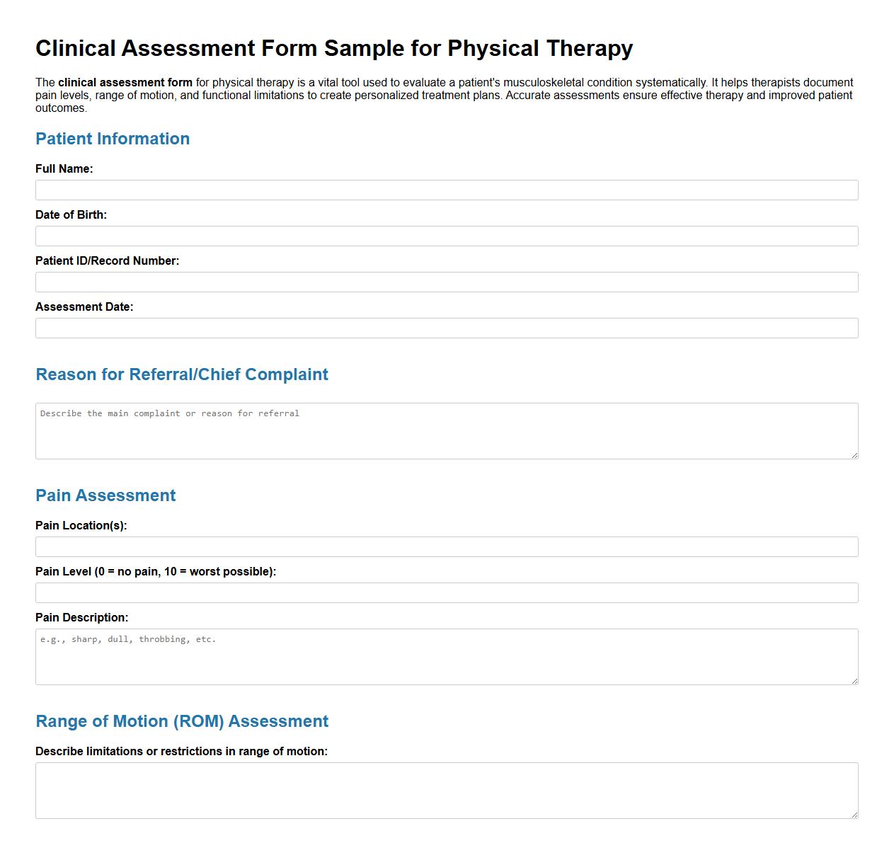 Clinical assessment form sample for physical therapy image preview
