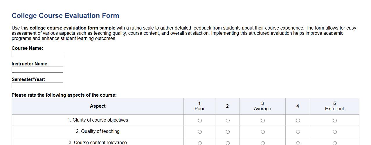 College course evaluation form sample with rating scale image preview