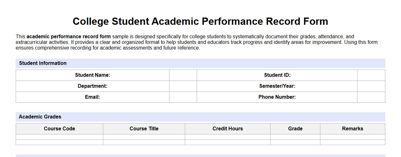 College student academic performance record form sample image preview