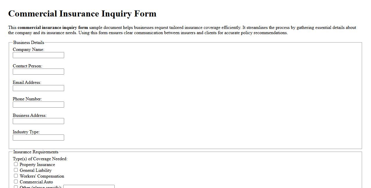 Commercial insurance inquiry form sample document image preview