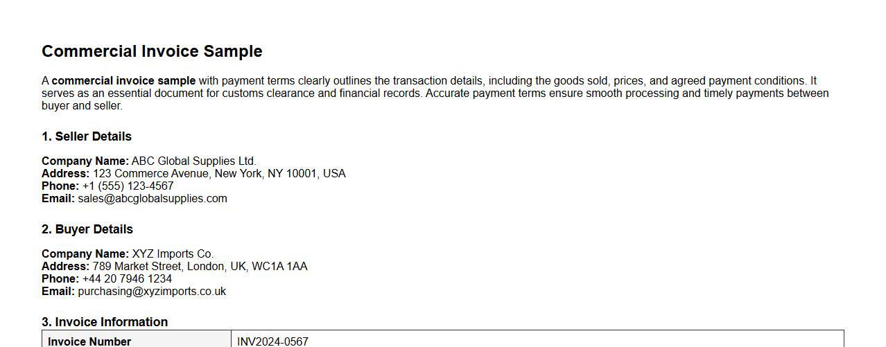 commercial invoice sample with payment terms image preview