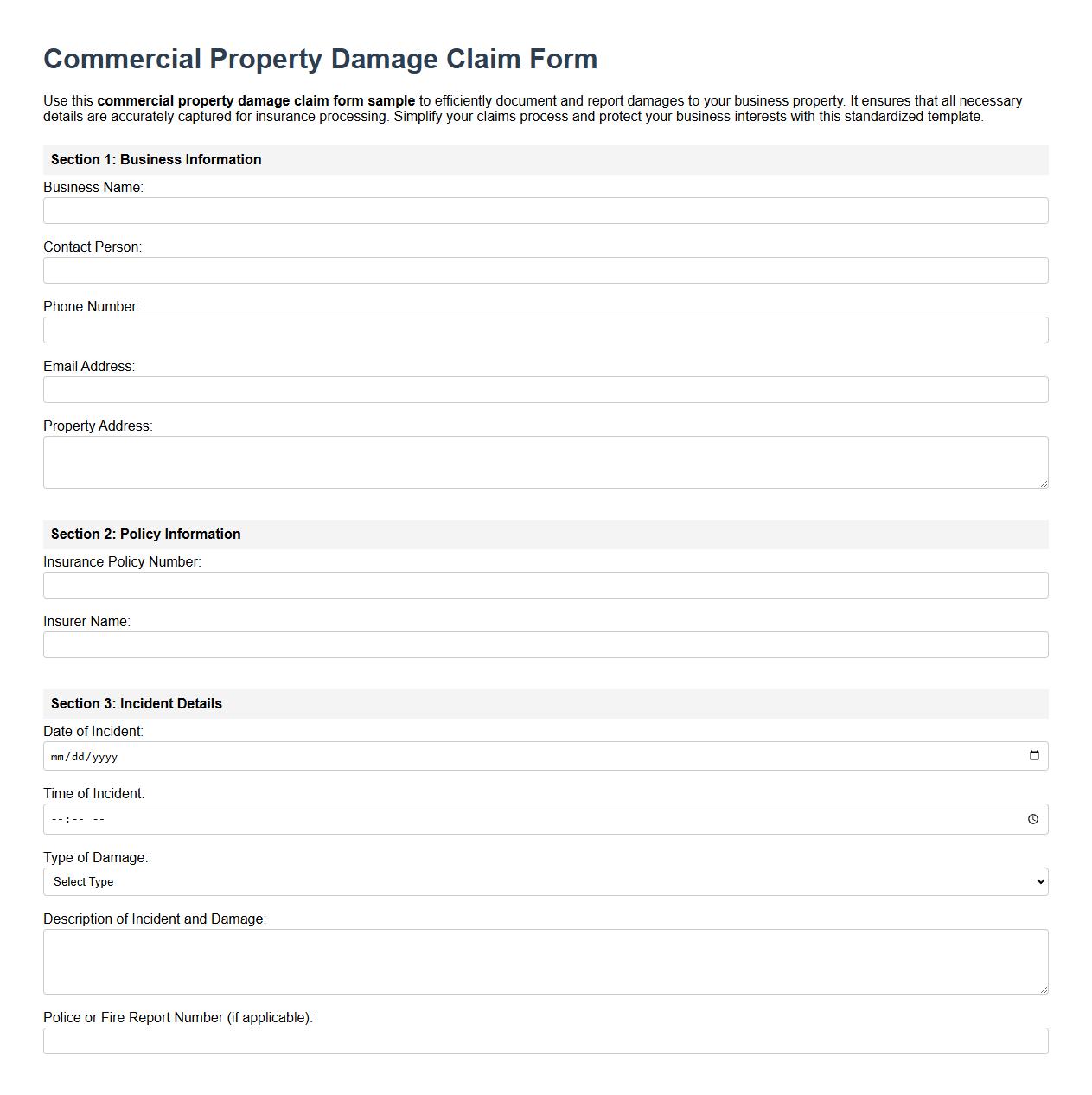 commercial property damage claim form sample for businesses image preview