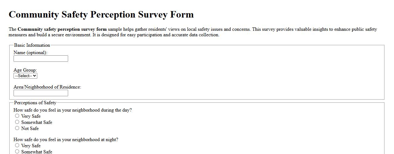 Community safety perception survey form sample image preview