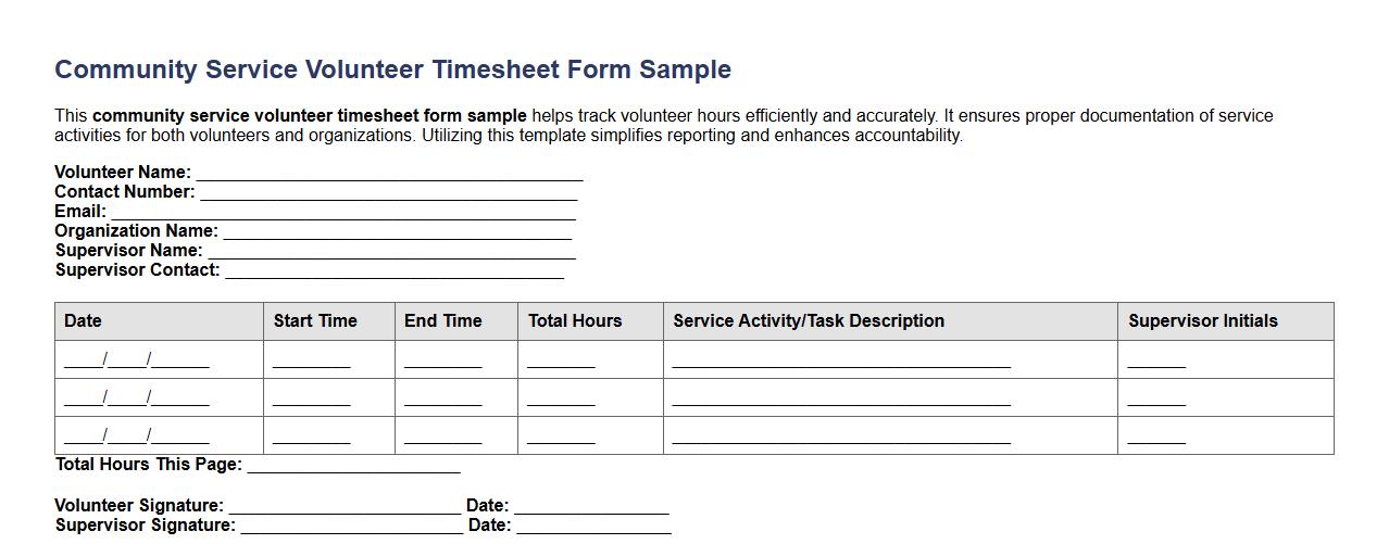 community service volunteer timesheet form sample image preview
