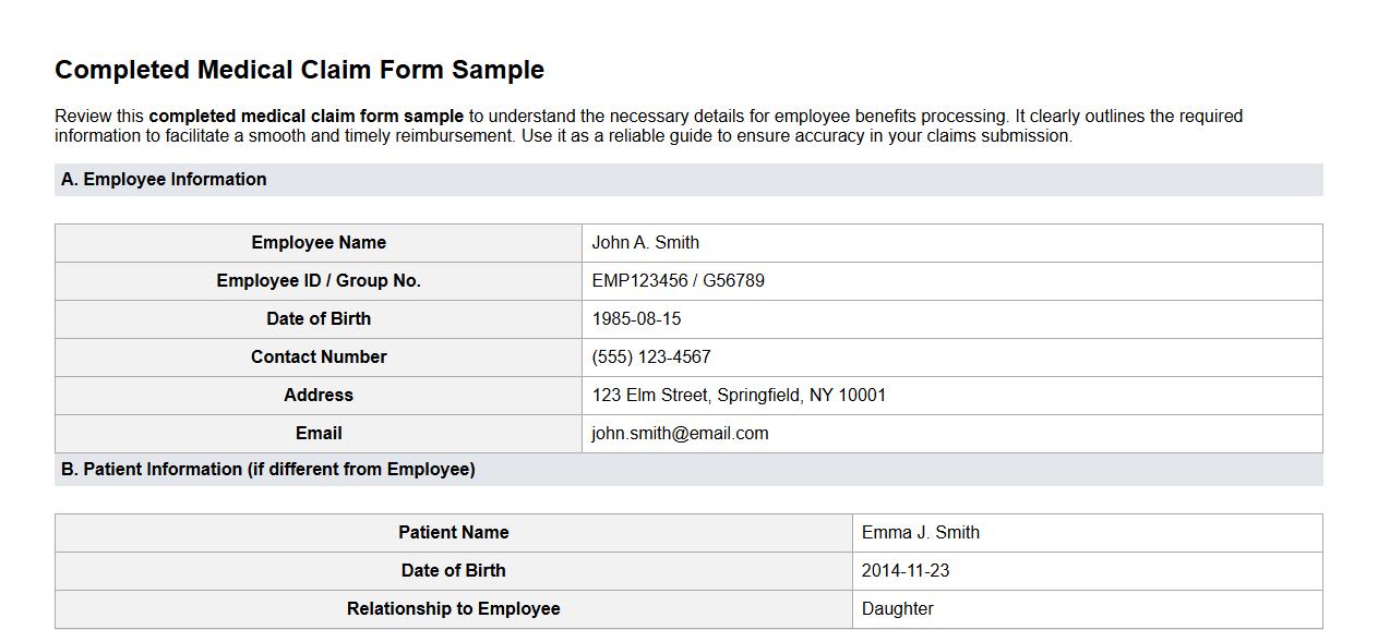 Completed medical claim form sample for employee benefits image preview