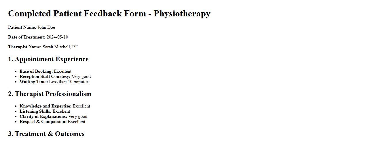 Completed patient feedback form example for physiotherapy image preview