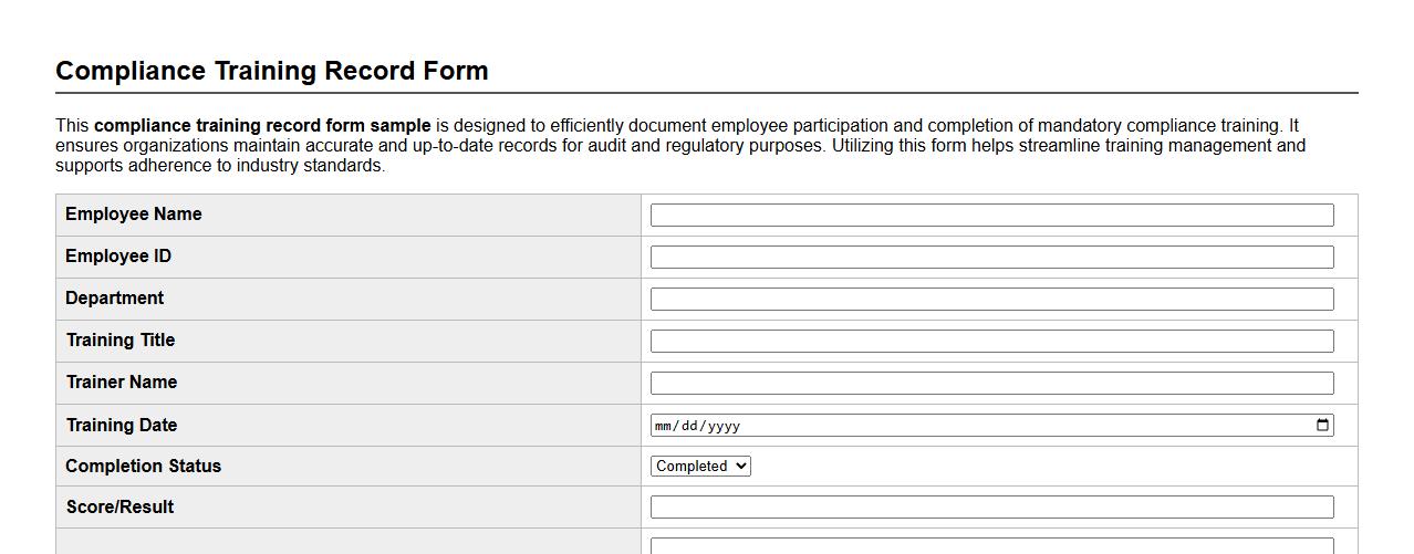 compliance training record form sample image preview