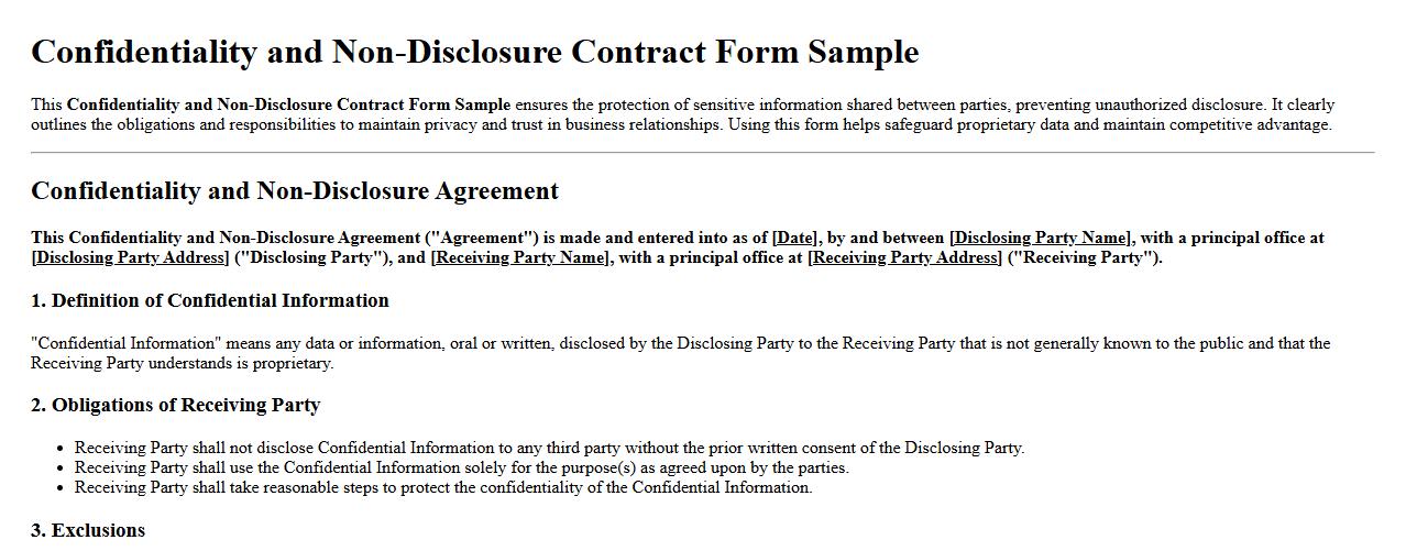 Confidentiality and non-disclosure contract form sample image preview