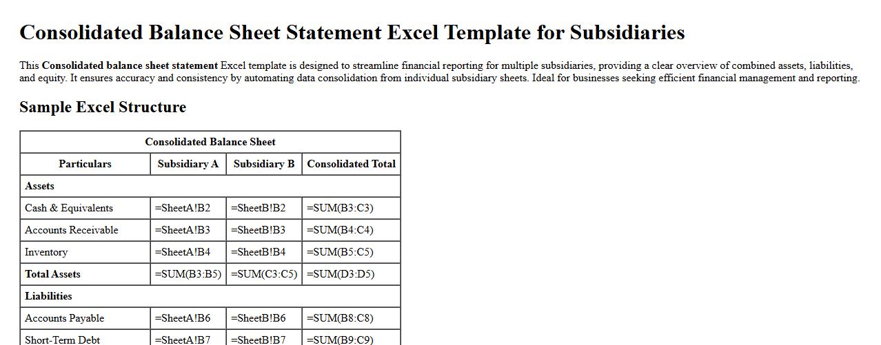Consolidated balance sheet statement excel template for subsidiaries image preview