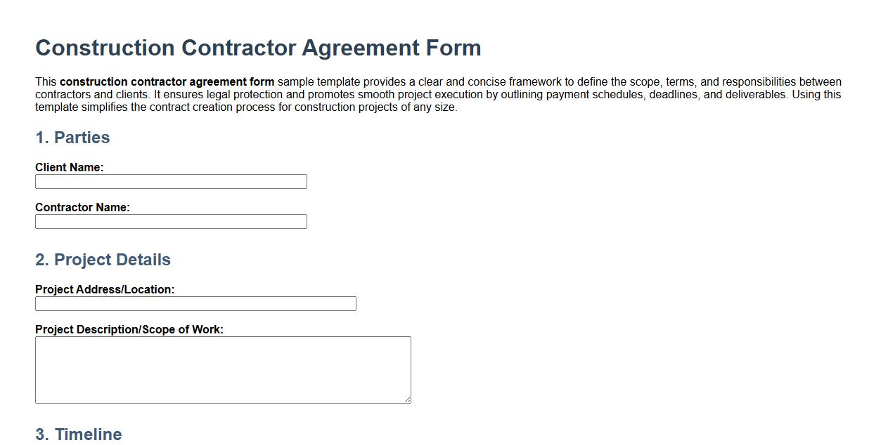 construction contractor agreement form sample template image preview