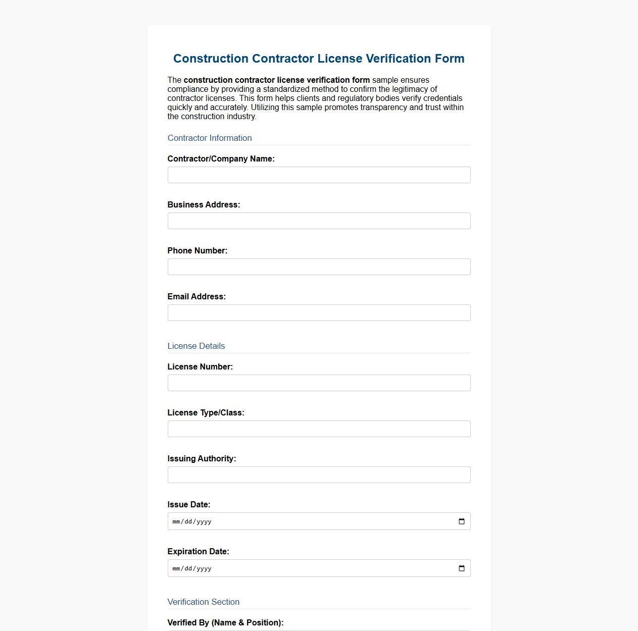 construction contractor license verification form sample image preview