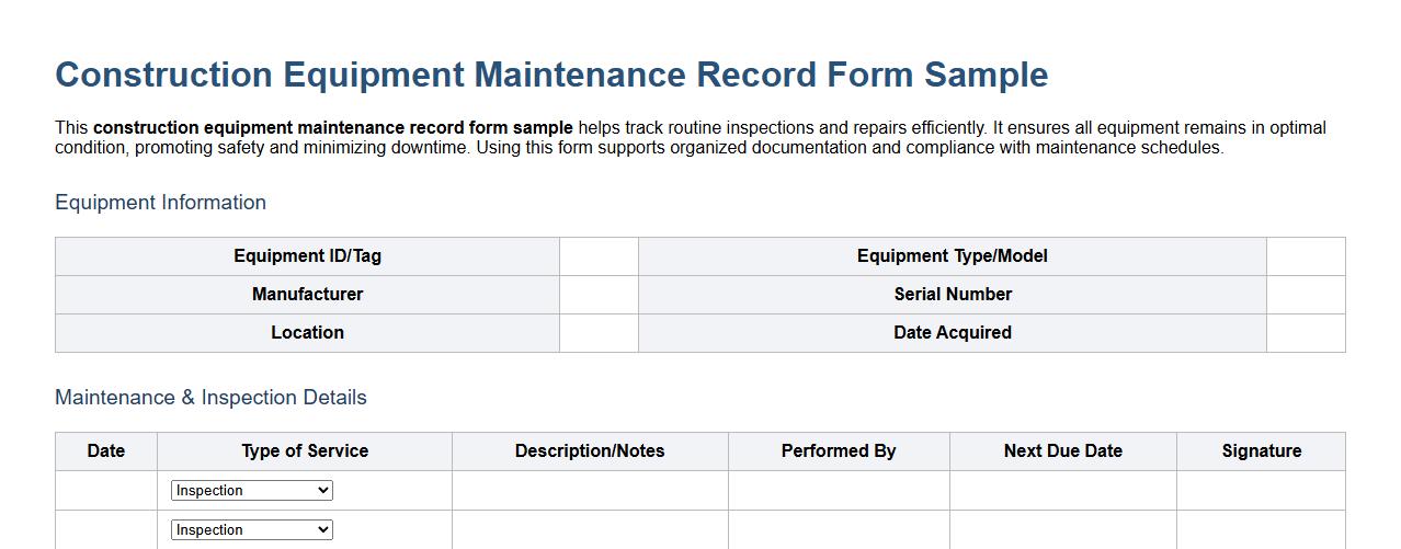 Construction equipment maintenance record form sample image preview