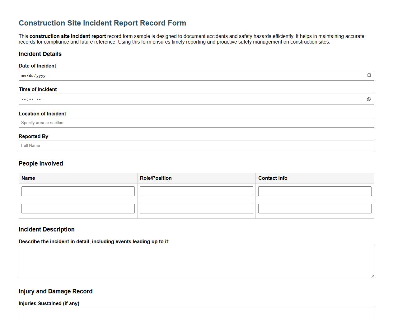 construction site incident report record form sample image preview