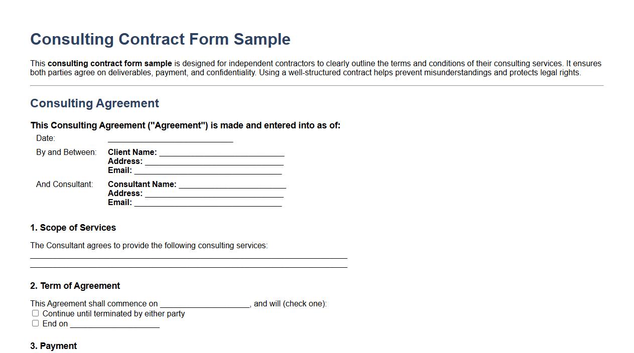consulting contract form sample for independent contractors image preview