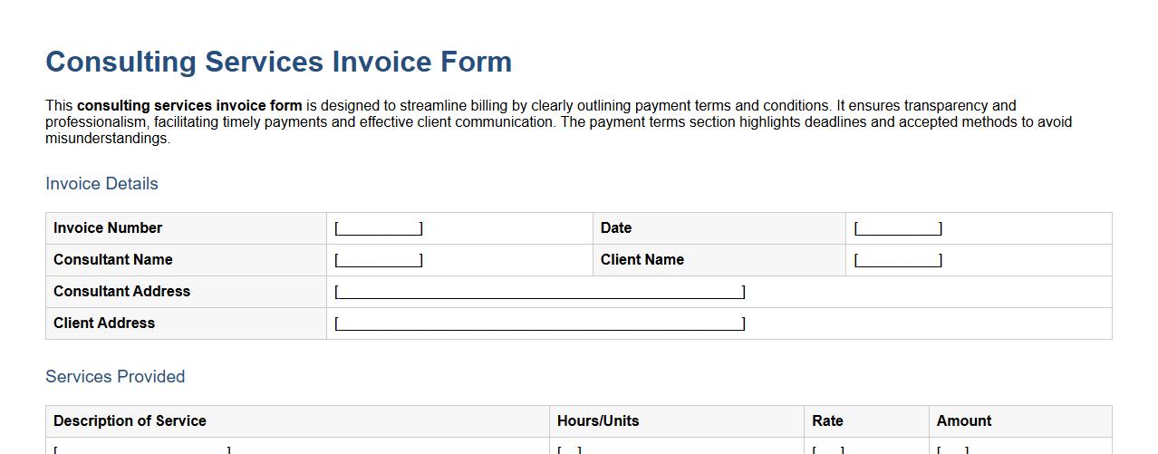 Consulting services invoice form with payment terms section image preview