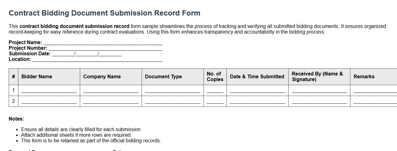Contract bidding document submission record form sample image preview