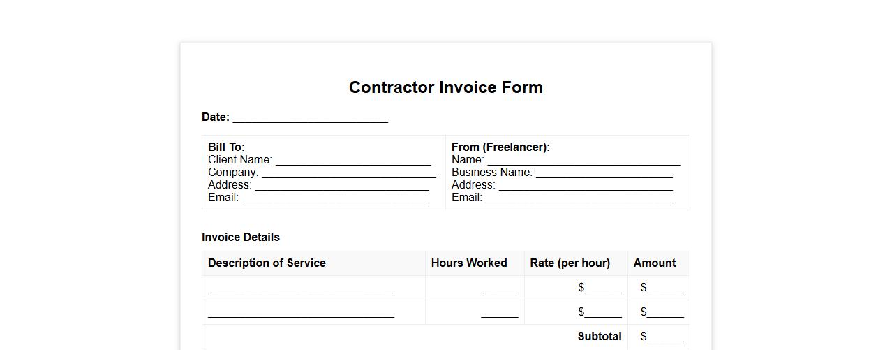 Contractor invoice form sample for freelance services image preview
