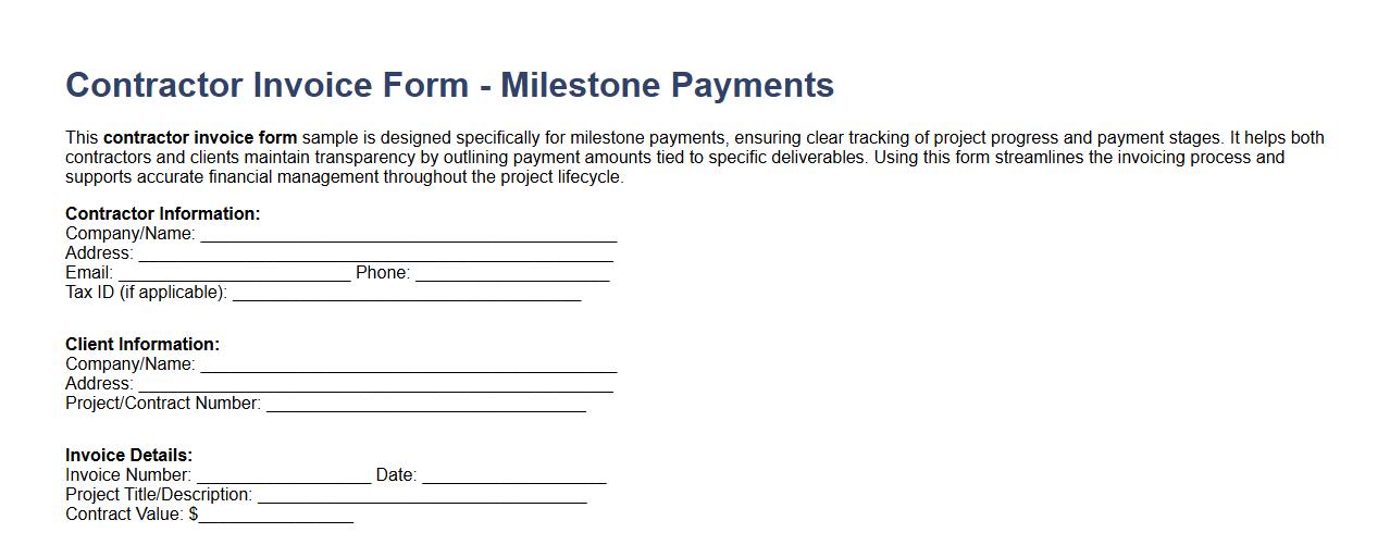 Contractor invoice form sample for milestone payments image preview