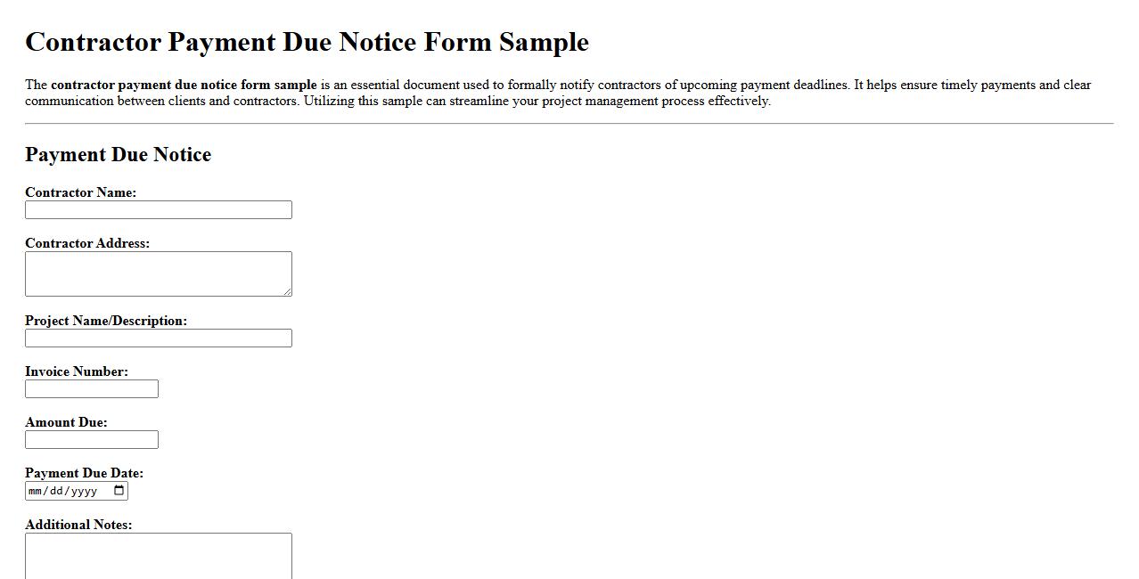 Contractor payment due notice form sample image preview