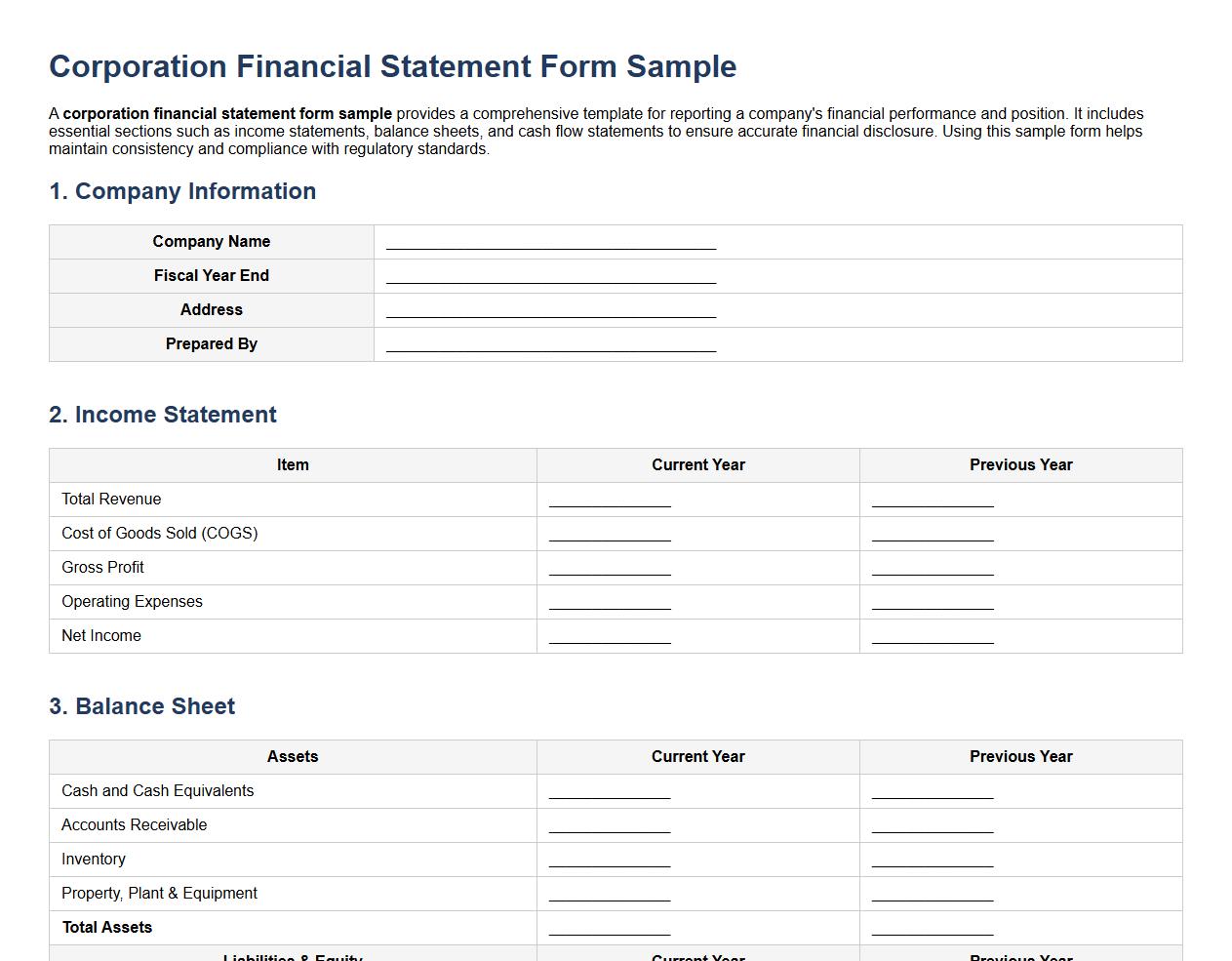 corporation financial statement form sample image preview