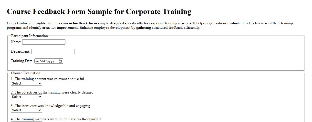 Course feedback form sample for corporate training image preview
