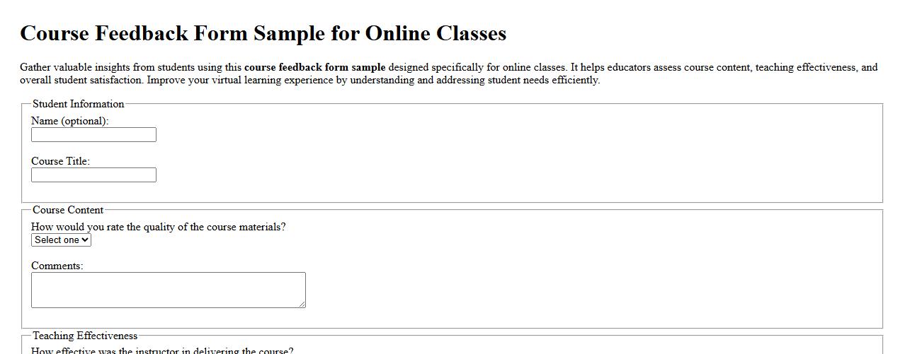Course feedback form sample for online classes image preview