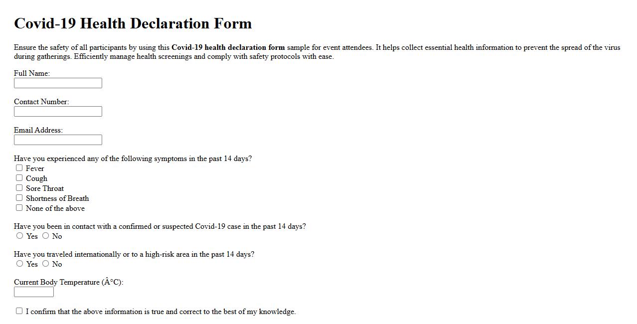 Covid-19 health declaration form sample for event attendees image preview