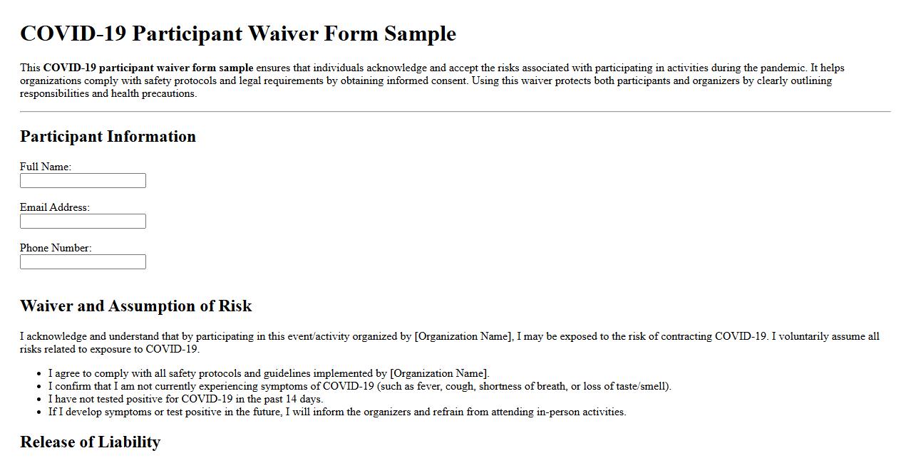 covid-19 participant waiver form sample image preview