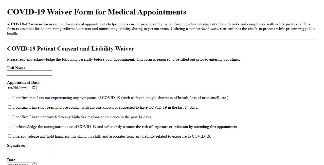 COVID-19 waiver form sample for medical appointments image preview