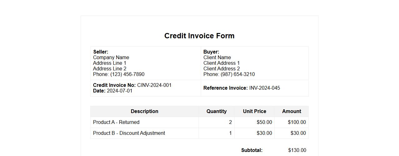 credit invoice form sample with tax calculation image preview