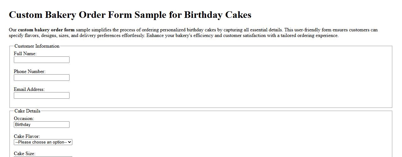 Custom bakery order form sample for birthday cakes image preview