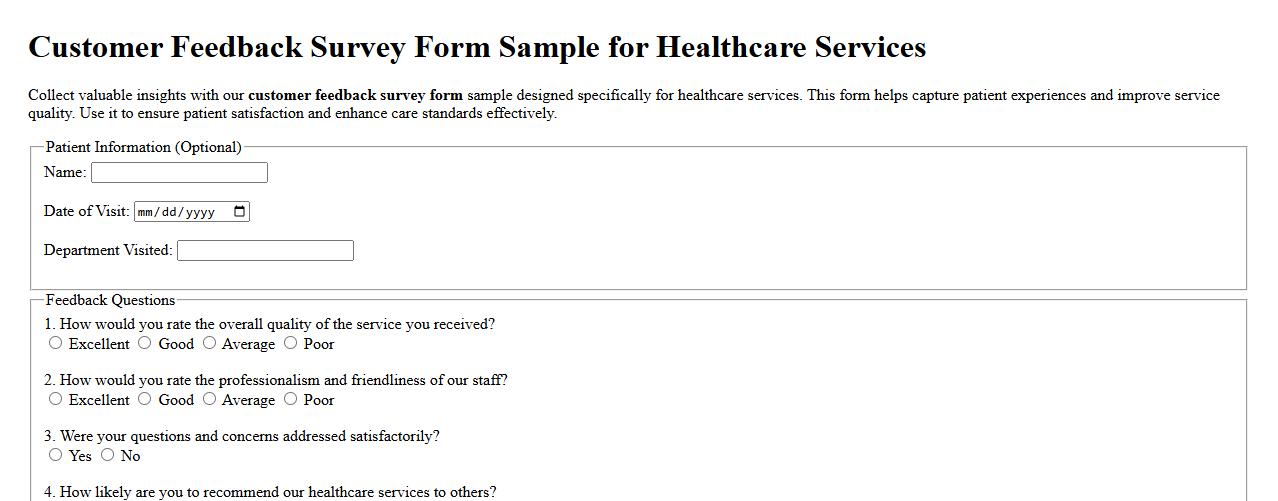 customer feedback survey form sample for healthcare services image preview
