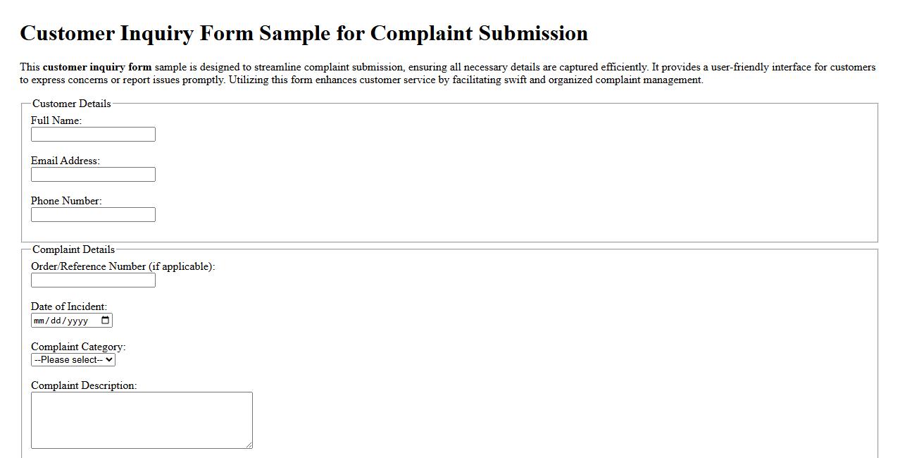 Customer inquiry form sample for complaint submission image preview