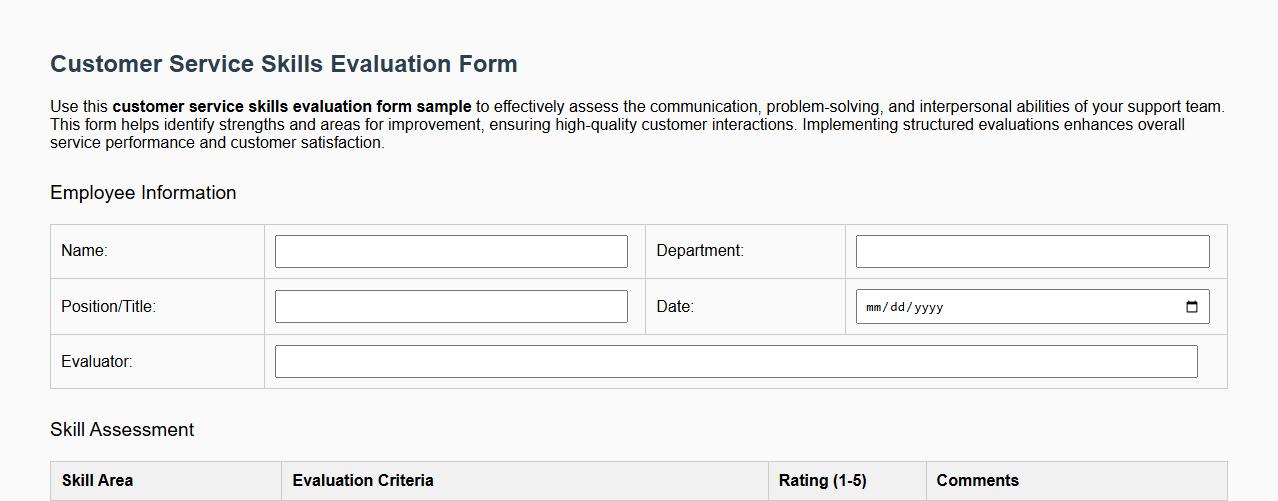 customer service skills evaluation form sample image preview