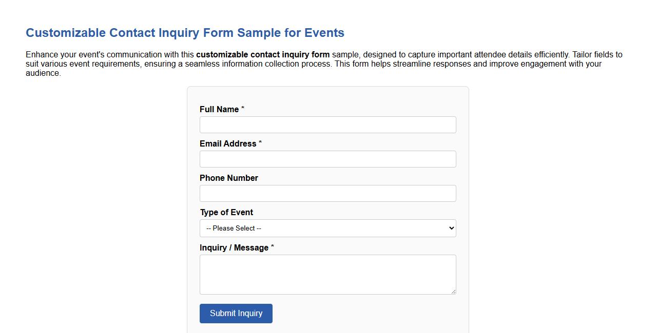 Customizable contact inquiry form sample for events image preview