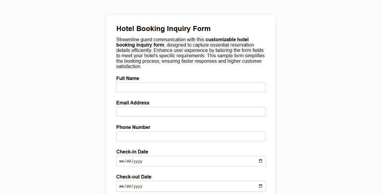 Customizable hotel booking inquiry form sample image preview