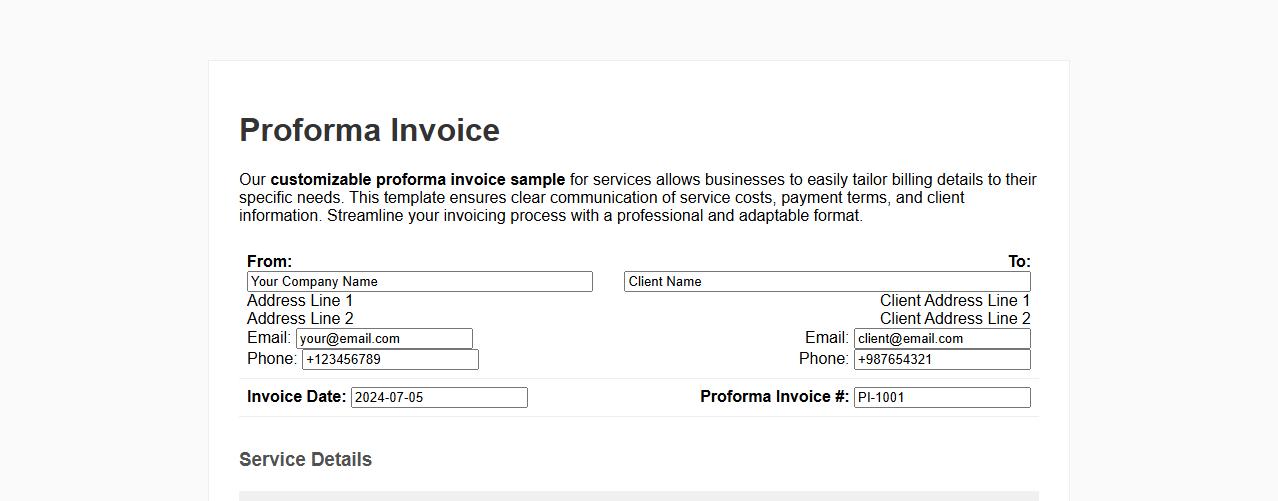 Customizable proforma invoice sample for services image preview