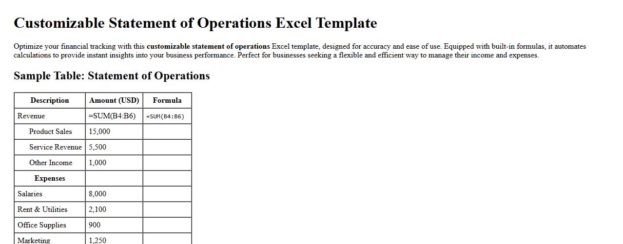 customizable statement of operations Excel template with formulas image preview