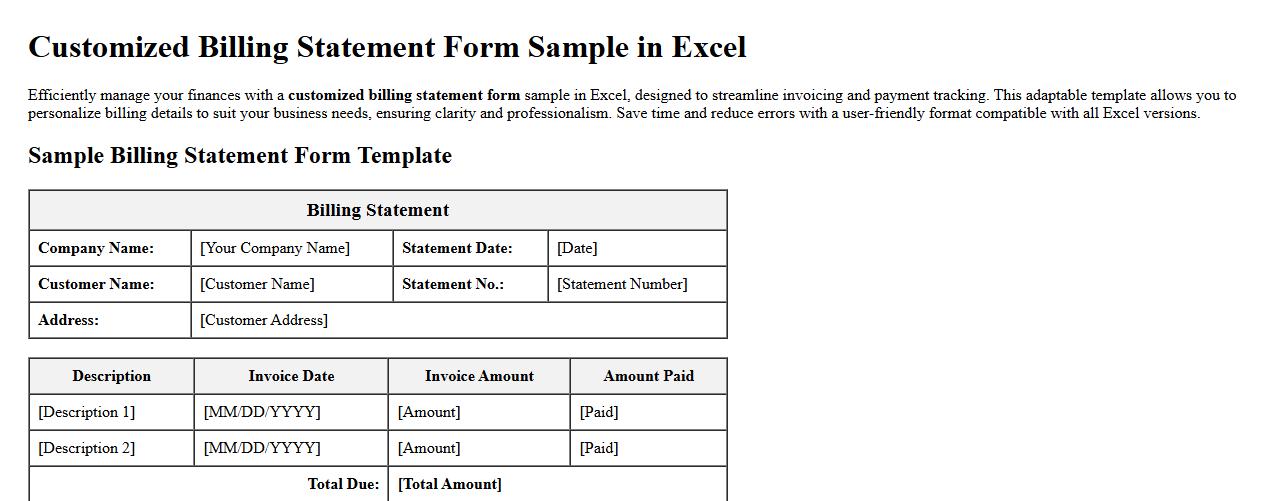 Customized billing statement form sample in Excel image preview