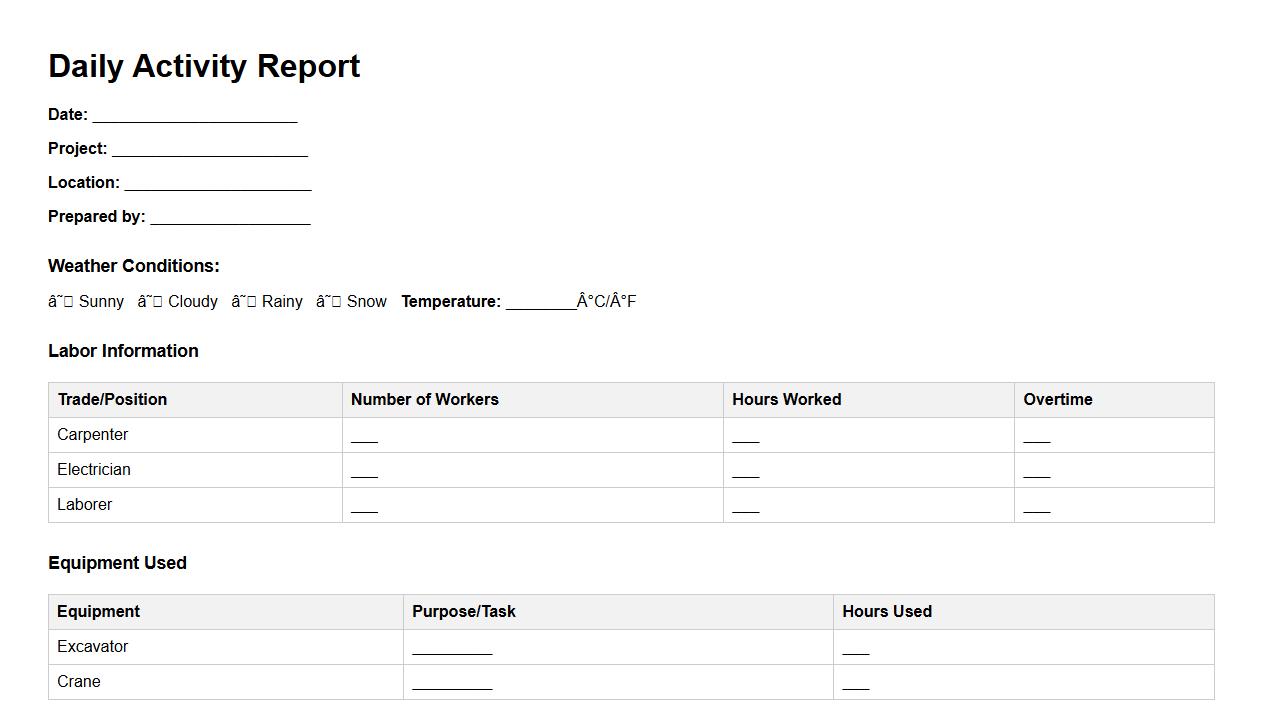 daily activity report sample for construction site image preview