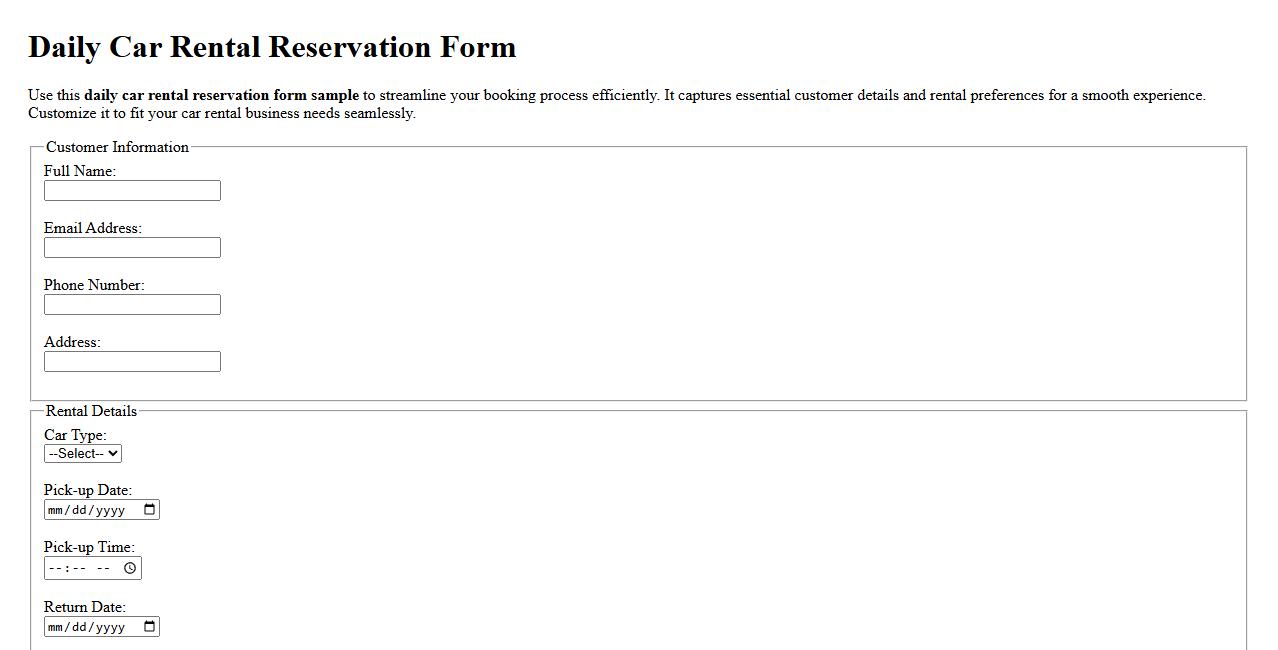 daily car rental reservation form sample image preview