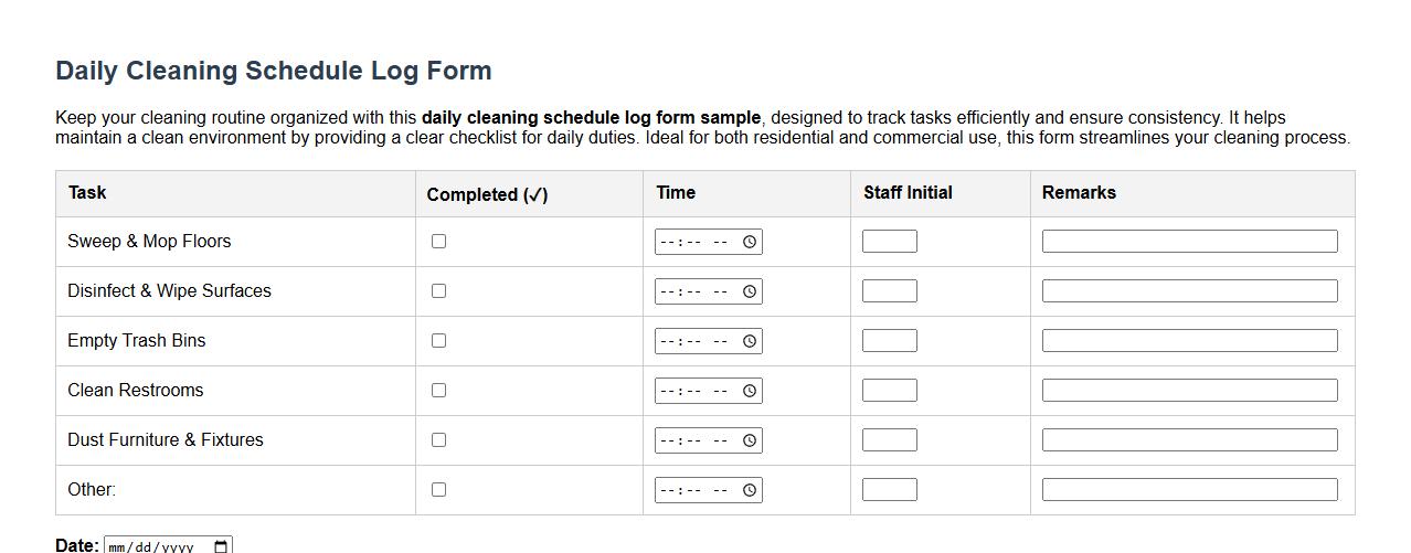 daily cleaning schedule log form sample image preview