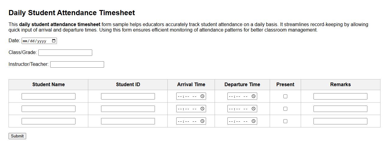 daily student attendance timesheet form sample image preview