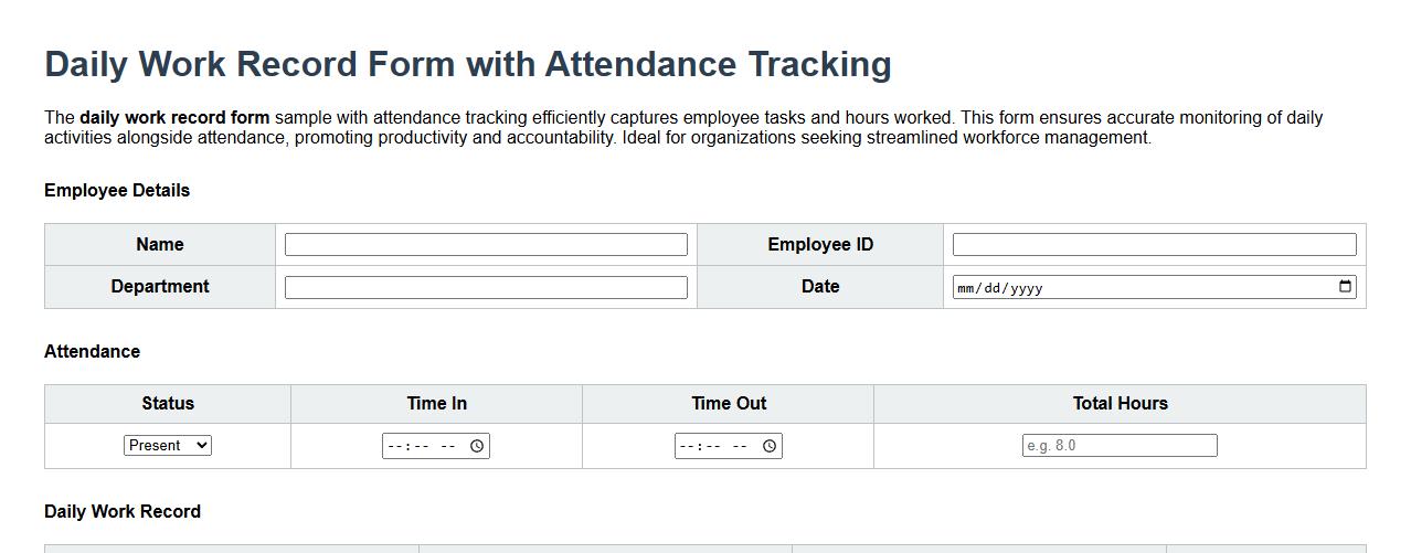 Daily work record form sample with attendance tracking image preview