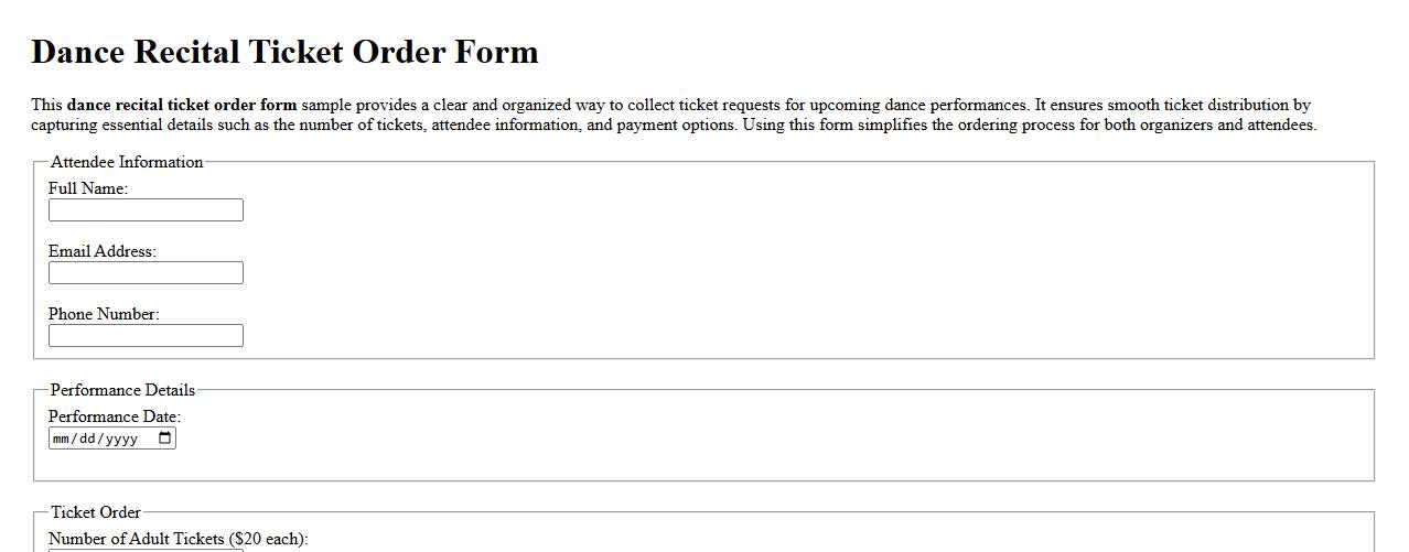 Dance recital ticket order form sample image preview