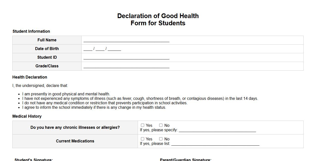Declaration of Good Health form sample for students image preview