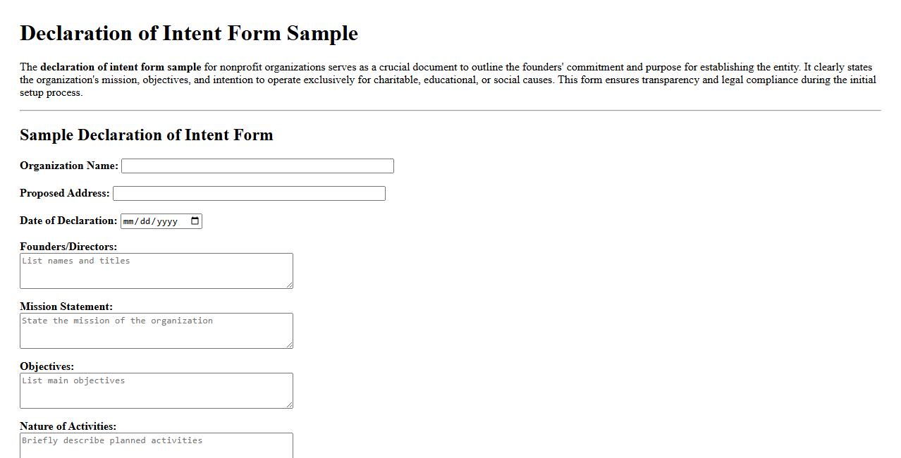 declaration of intent form sample for nonprofit organization image preview
